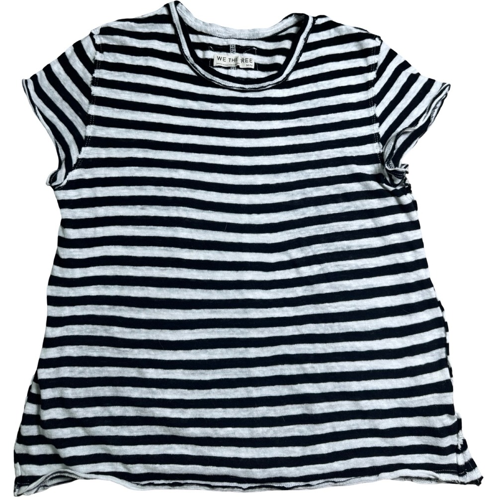 Free People We The Free Striped Linen Cotton Raw Hem Tee Black White M Women